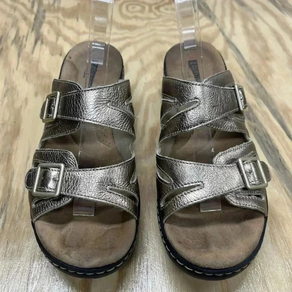 Clarks Collection Women's Slide Sandals Soft Cushion Sz 9.5 Metallic Gold